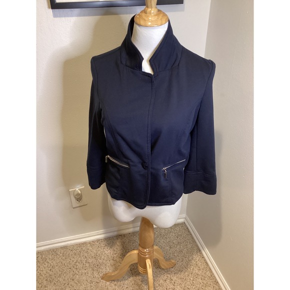 CI SONO Navy Blue Cropped Zip Pocket Blazer Jacket Women's Size L - Picture 2 of 6